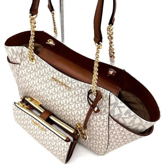 Michael Kors Large Jet Set Travel Chain Shoulder Bag & Double Zip Wallet Vanilla - Picture 11 of 15